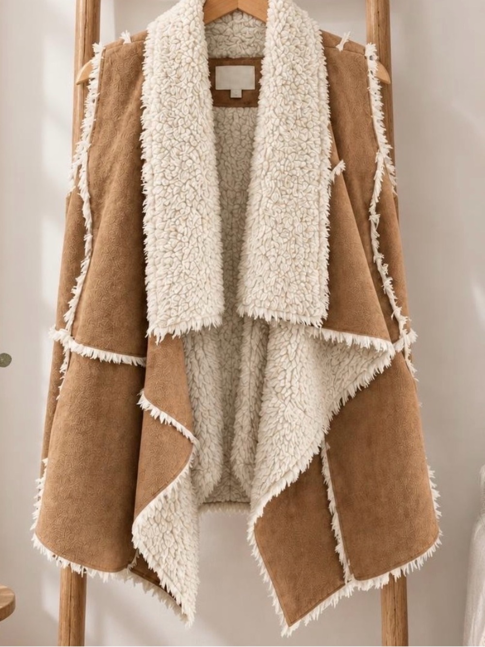 Xhilaration Camel & Cream Faux Shearling Open Front Vest